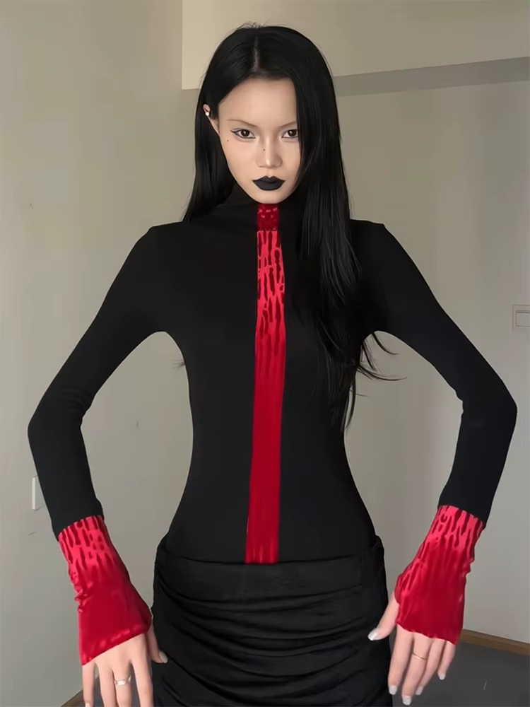 Yedinas Patchwork col roulé T-shirt femme vêtements à manches longues noir gothique haut d'automne 2