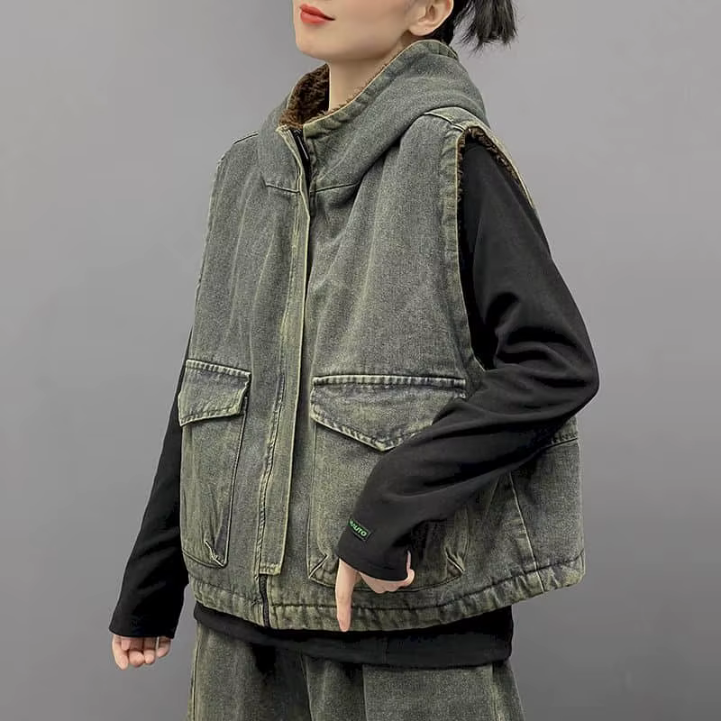Gilets en Denim pour Femme, à Capuche, Style Coréen, Décontracté