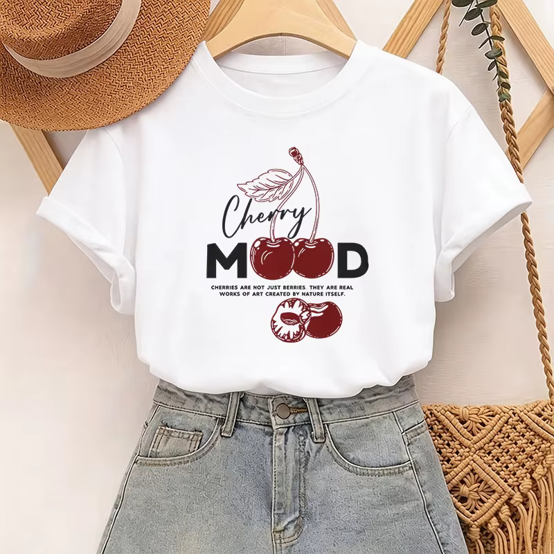 T-shirt décontracté d'été pour femme avec imprimé cerise et lettres, col rond, manches courtes, vête
