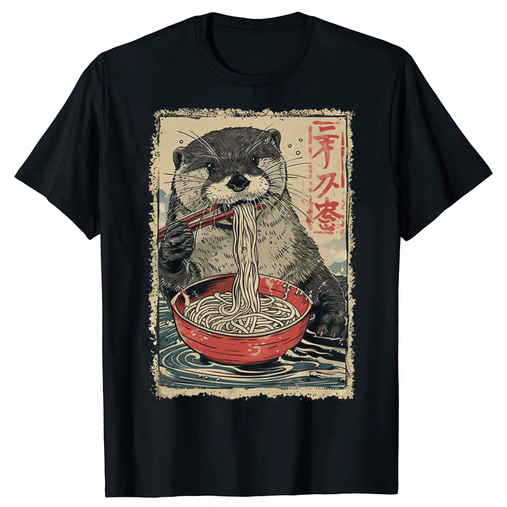 T-shirts graphiques drôles lontra mangeant Ramen pour femmes, t-shirt décontracté à la mode, vêtemen