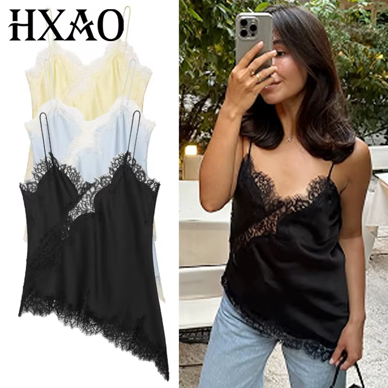 HXAO dentelle haut asymétrique femmes réservoirs & Camis été 2025 noir Slip haut sans manches dames
