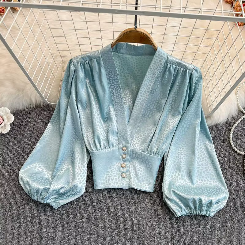 Mn-Chemisier froncé à la taille léopard pour femmes, chemise à boutonnage simple perle, col en V, ma