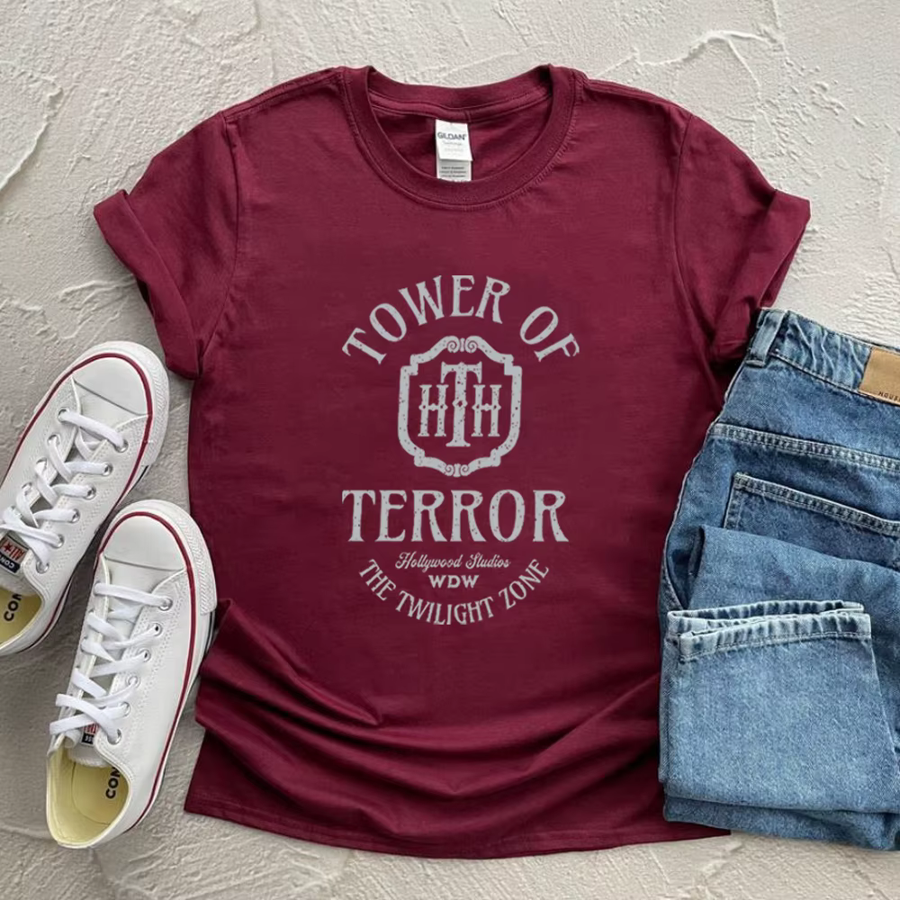 T-shirt manches courtes femme, vintage, rétro, décontracté, à la mode, tour de terreur, hôtel, studi