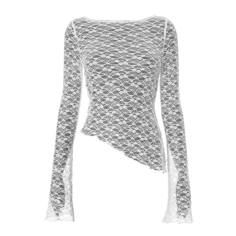 2025 printemps et été femmes nouveau couleur unie dentelle ourlet incliné Sexy à manches longues T-S