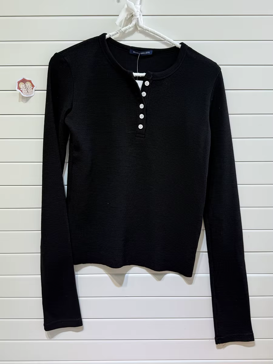 Gris gaufre mince à manches longues T-Shirt femmes printemps boutons col rond rétro Y2k T-Shirt Stre