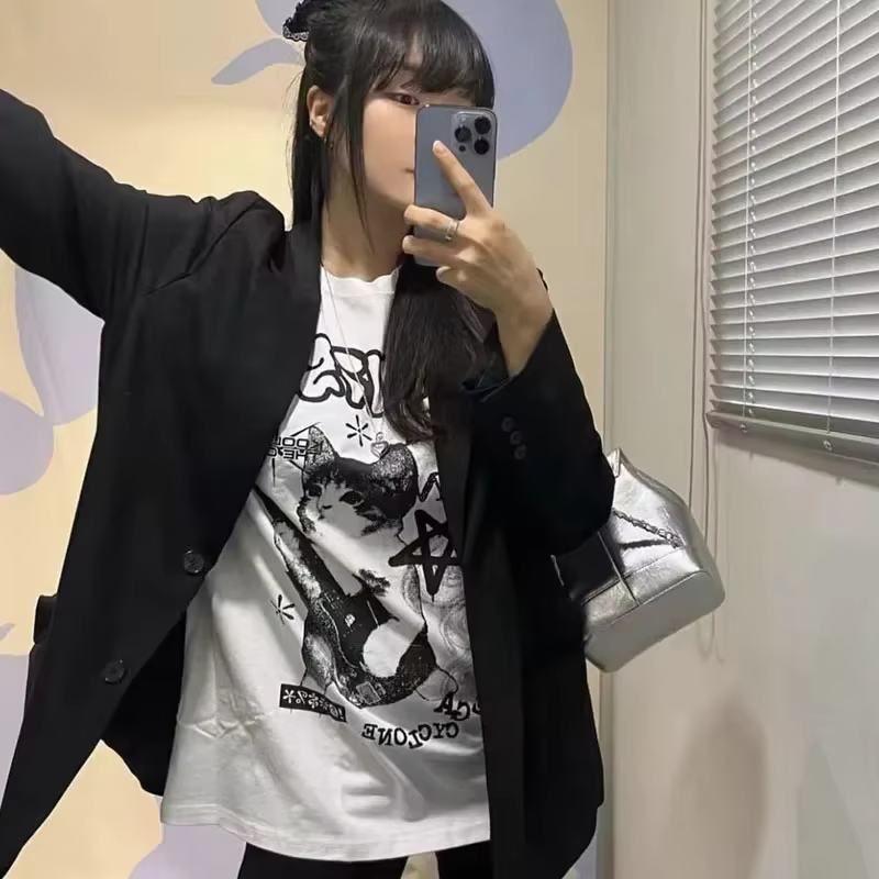 JEGraphic-T-shirt à manches courtes Cat Rock pour femmes, Streetwear américain, Vêtements d'été, Mod