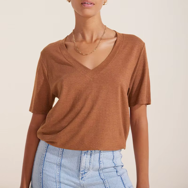 75% coton femmes T-shirt Sexy col en v à manches courtes t-shirts et chemisiers haut pour femme jeun