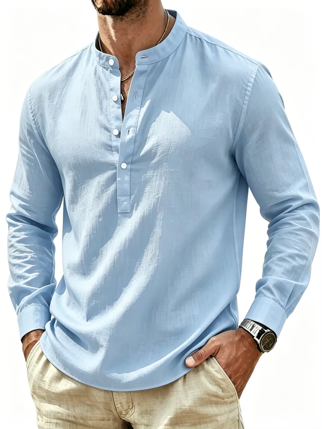 Chemise à col Henley à manches longues pour homme, légère, respirante, style lin décontracté, chemis