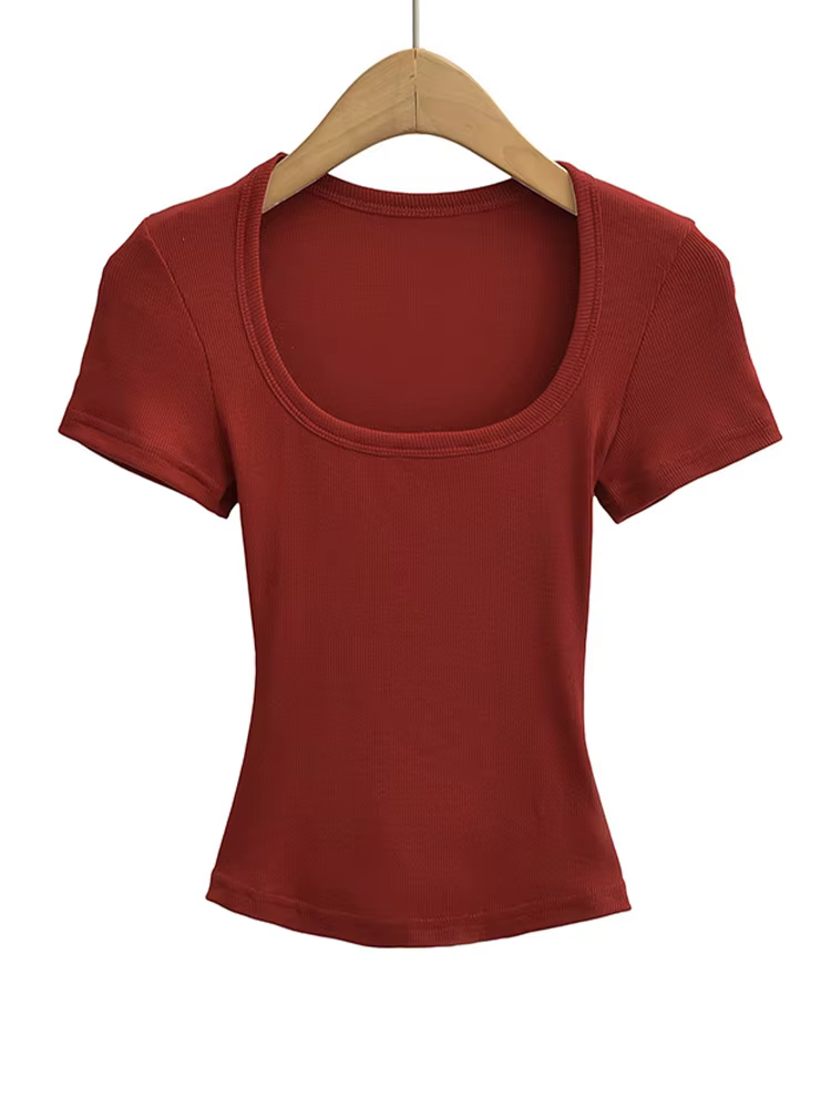Col carré haute Stretch été culture hauts femmes à manches courtes hauts Sexy pull sommets Blouses m