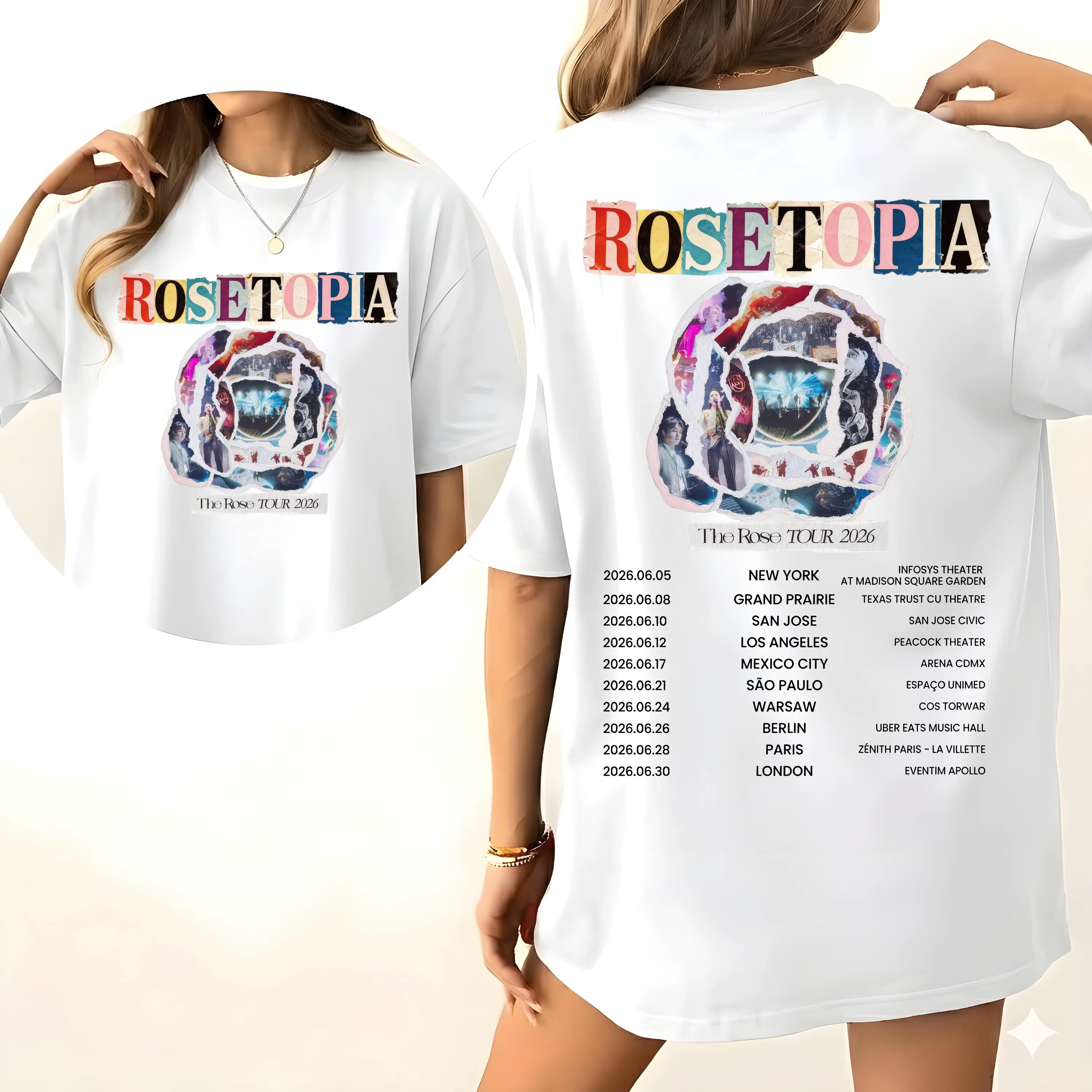 T-shirt graphique The Rose ROSETOPIA Tour 2026, vintage, effet papier déchiré, collage de roses, sur