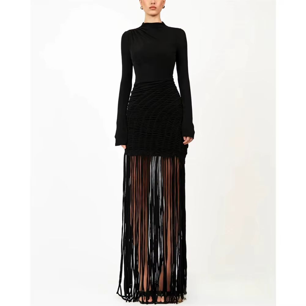 Robe de soirée noire à la mode, col rond, manches longues, robe de bal droite, ligne plissée, pour o