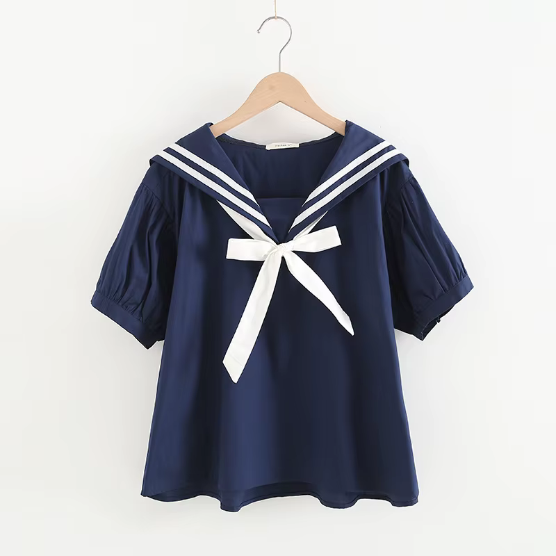 Pull bleu marine à manches courtes pour femmes, chemisiers à nœud blanc, col marin en Y, style japon