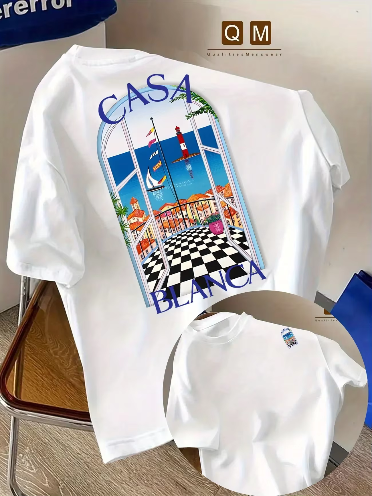 T-shirt en pur coton pour homme avec imprimé architecture urbaine marocaine et police Casablanca - T