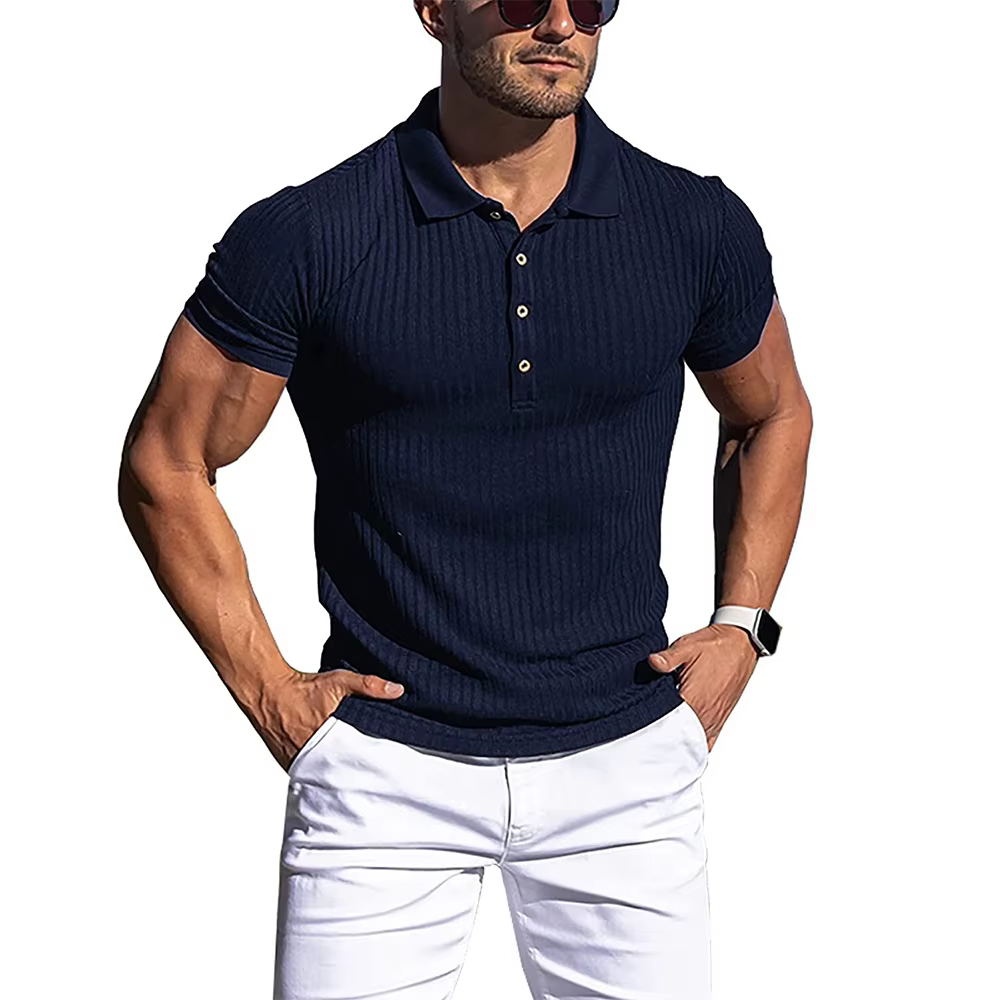 Polo à manches courtes pour hommes, chemises à col montant, rayures solides, fitness, élasticité, mo