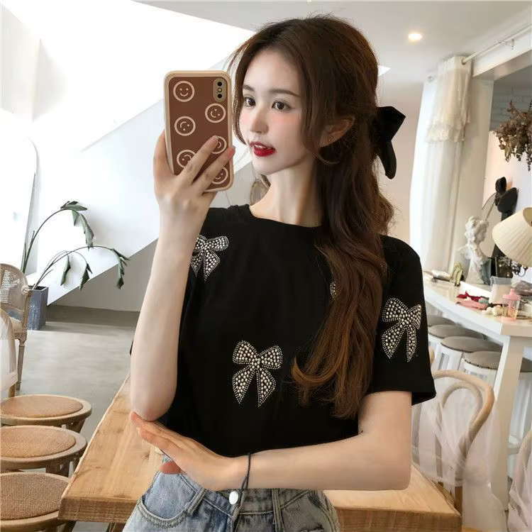 Haut avec nœud, Design doux et épicé, ample, manches courtes, paillettes, col rond, T-shirt pour fem