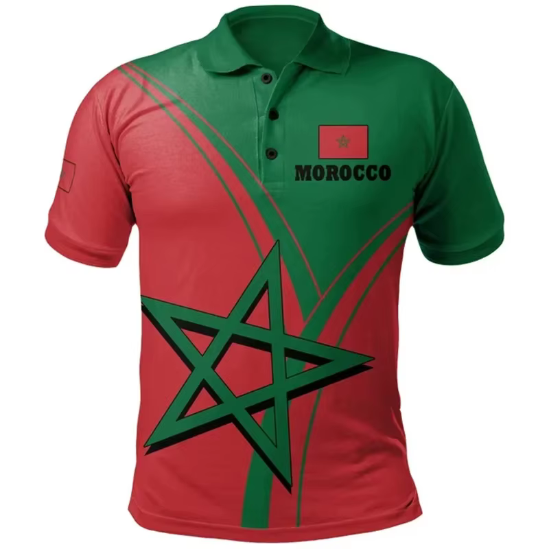 Polo Imprimé 3D avec Emblème National Marocain pour Homme et Femme, T-shirt Décontracté à Manches Co
