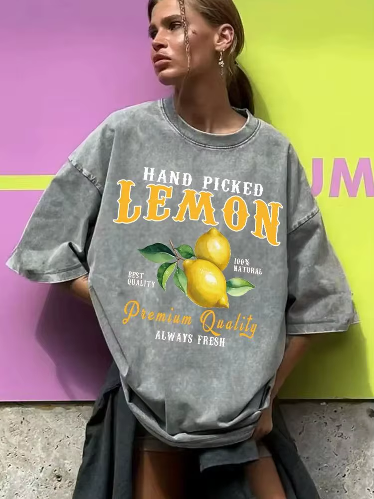 Été citron lavé T-Shirts femmes coton surdimensionné col rond T-Shirts fruits frais imprime hauts dé