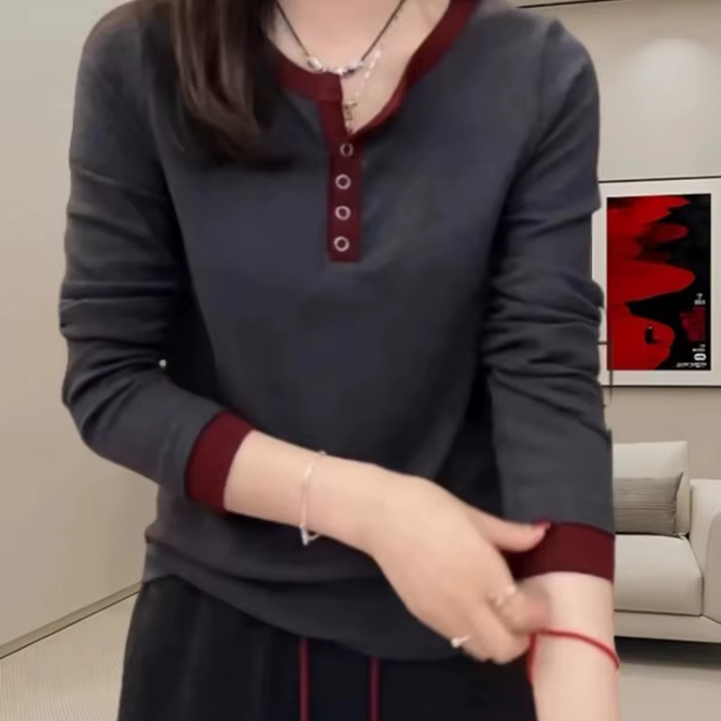 T-shirt pour femmes début d'automne, nouvelle couleur contrastée, col semi-ouvert, petite chemise, m