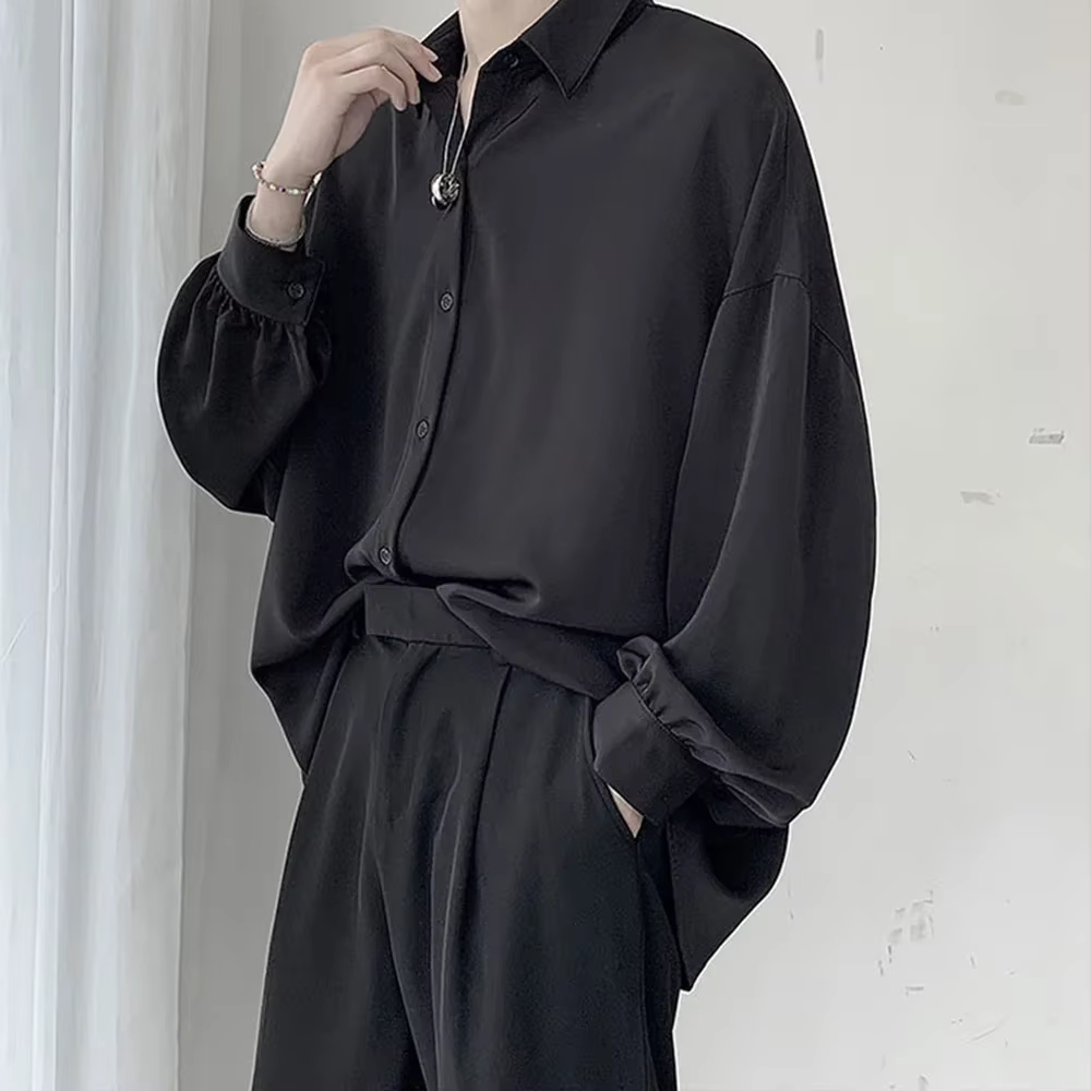 Chemises à manches longues pour hommes de Style coréen cravate noire confortable décontracté solide 