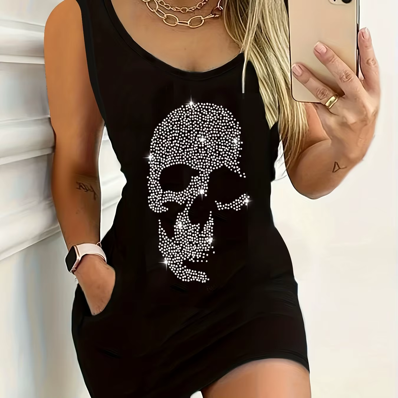 Robe débardeur sans manches pour femmes, Sexy, ample, courte, mini robe avec imprimé noir, été