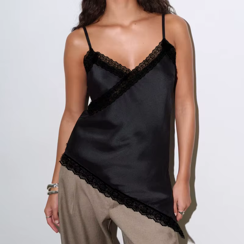 Débardeur en Satin pour femmes, garniture en dentelle, col en V, Camisole en soie, Chic, asymétrique