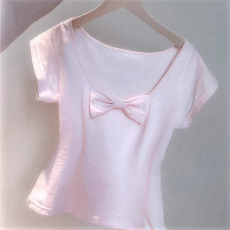 T-Shirt en coton rose pour femmes, mignon, avec nœud papillon, couleur unie, décontracté, Slim, à la