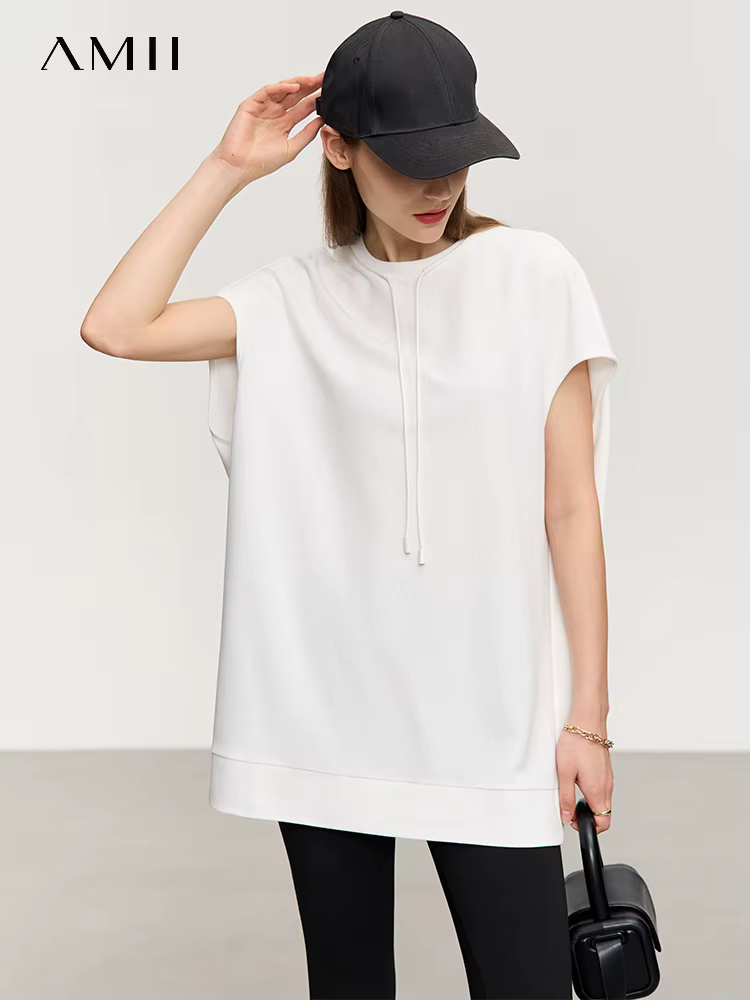 AMII-T-shirt minimaliste à manches courtes pour femme, décontracté, de couleur unie, 2023, été, 1234