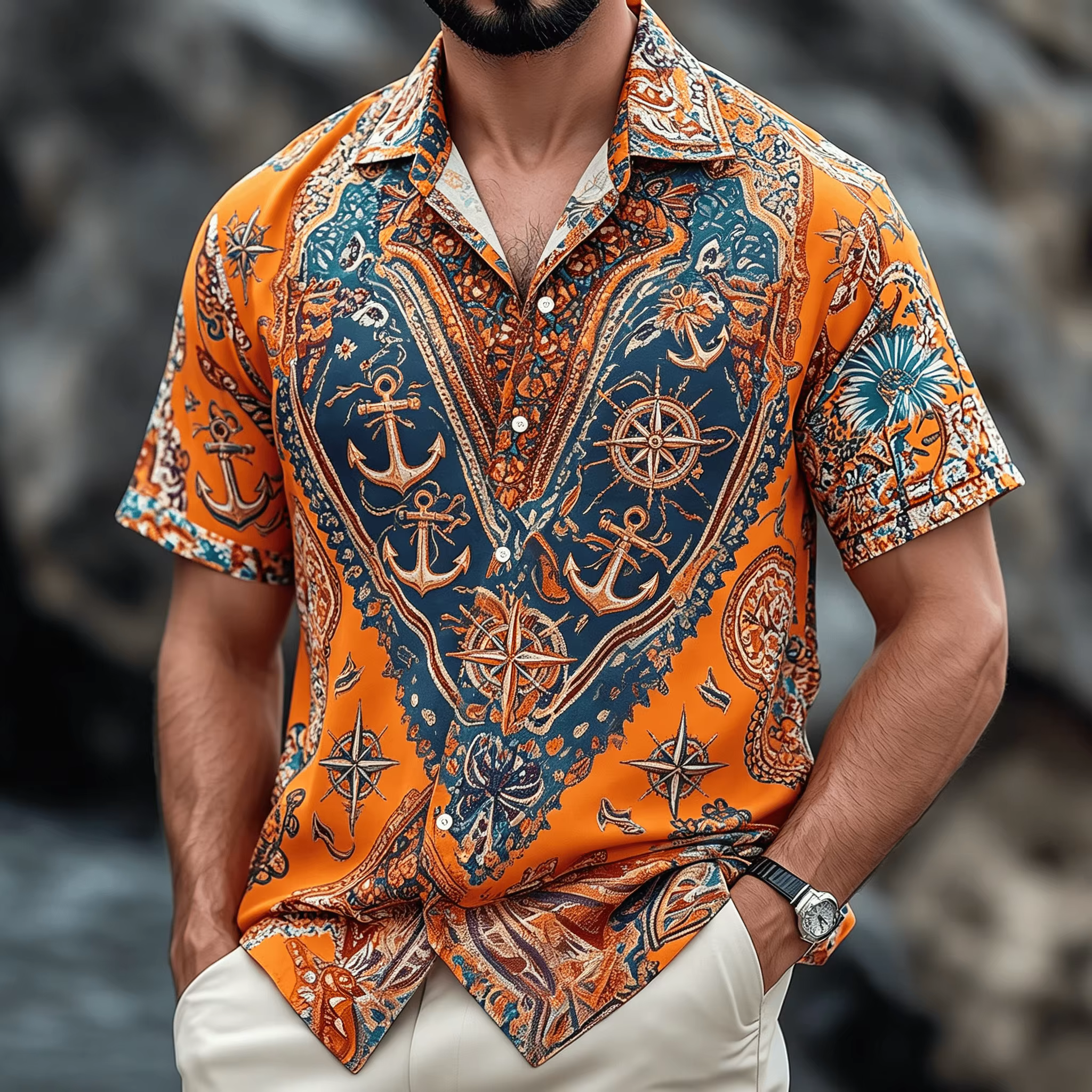 Chemise à imprimé floral ethnique style bohème 3D, chemise boutonnée pour homme d'été, convient pour