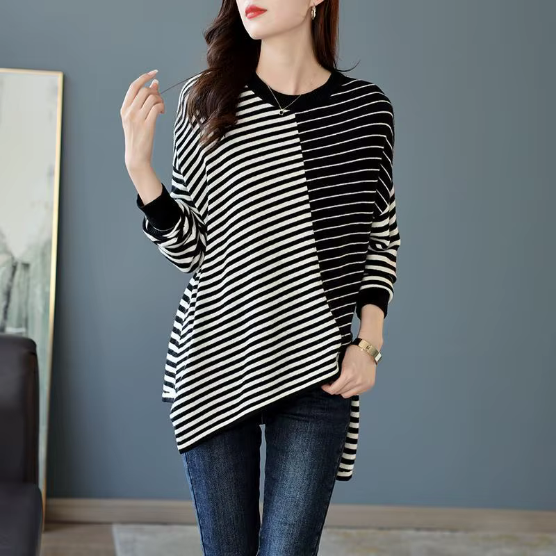 T-shirt patchwork rayé à manches longues pour femmes, pulls décontractés basiques, col rond, mode pr