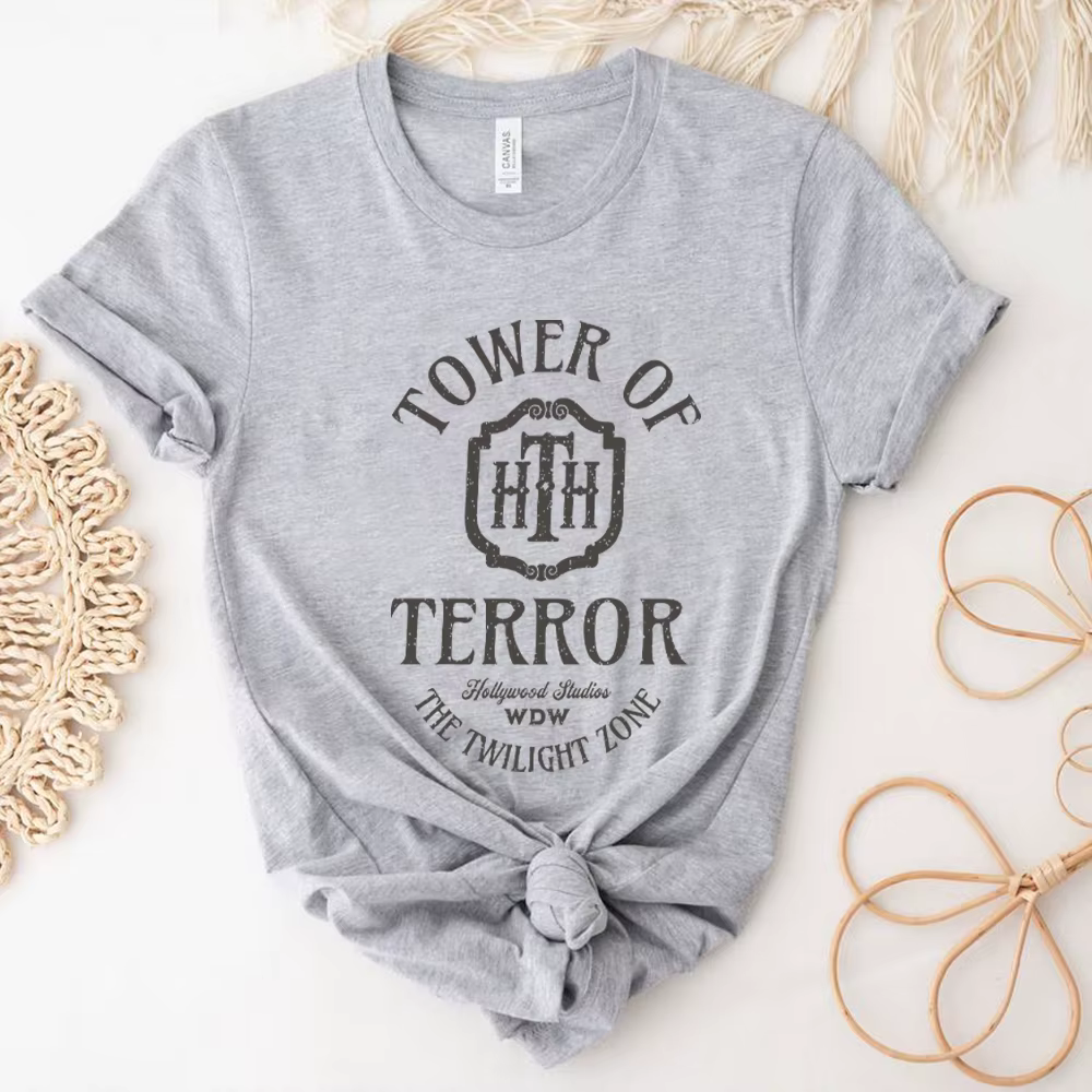T-shirt manches courtes femme, vintage, rétro, décontracté, à la mode, tour de terreur, hôtel, studi