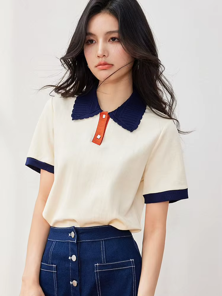 T-shirt slim à revers pour femmes, haut décontracté, mode coréenne, été, 2024