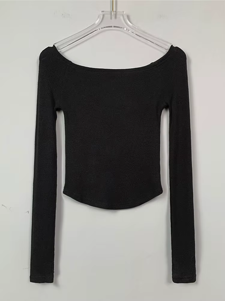 T-shirt à manches longues et col slash pour femme, court et sexy, en coton, slim, noir et blanc, Y-2