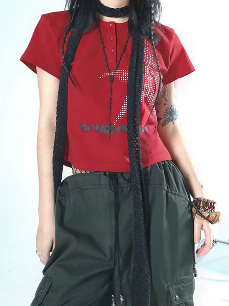 Haut court à manches courtes et col rond pour femmes, T-shirt graphique, Streetwear à motif d'étoile