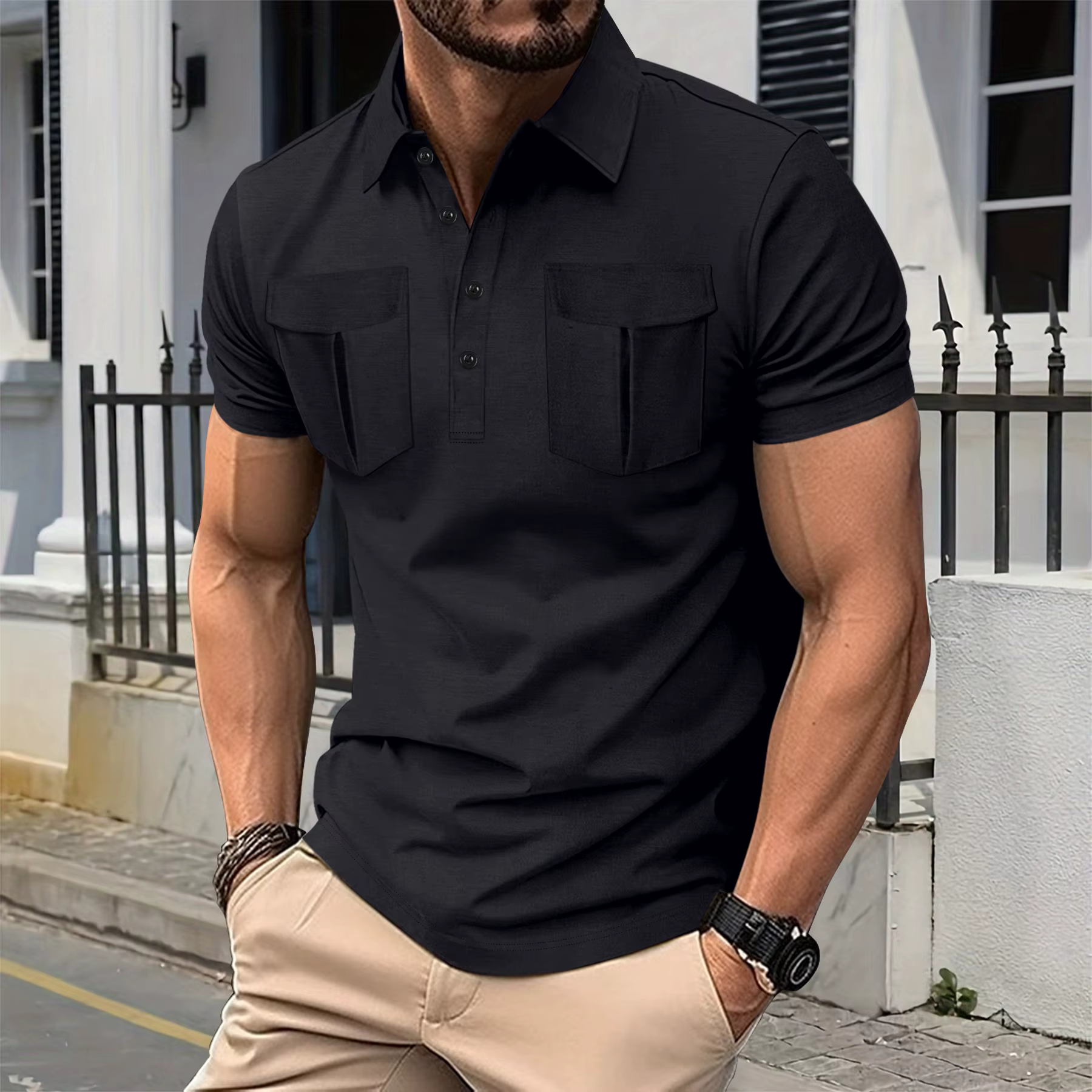 Vente Flash Transfrontalière ! Polo pour homme de style mature, couleur unie, design à double poche,