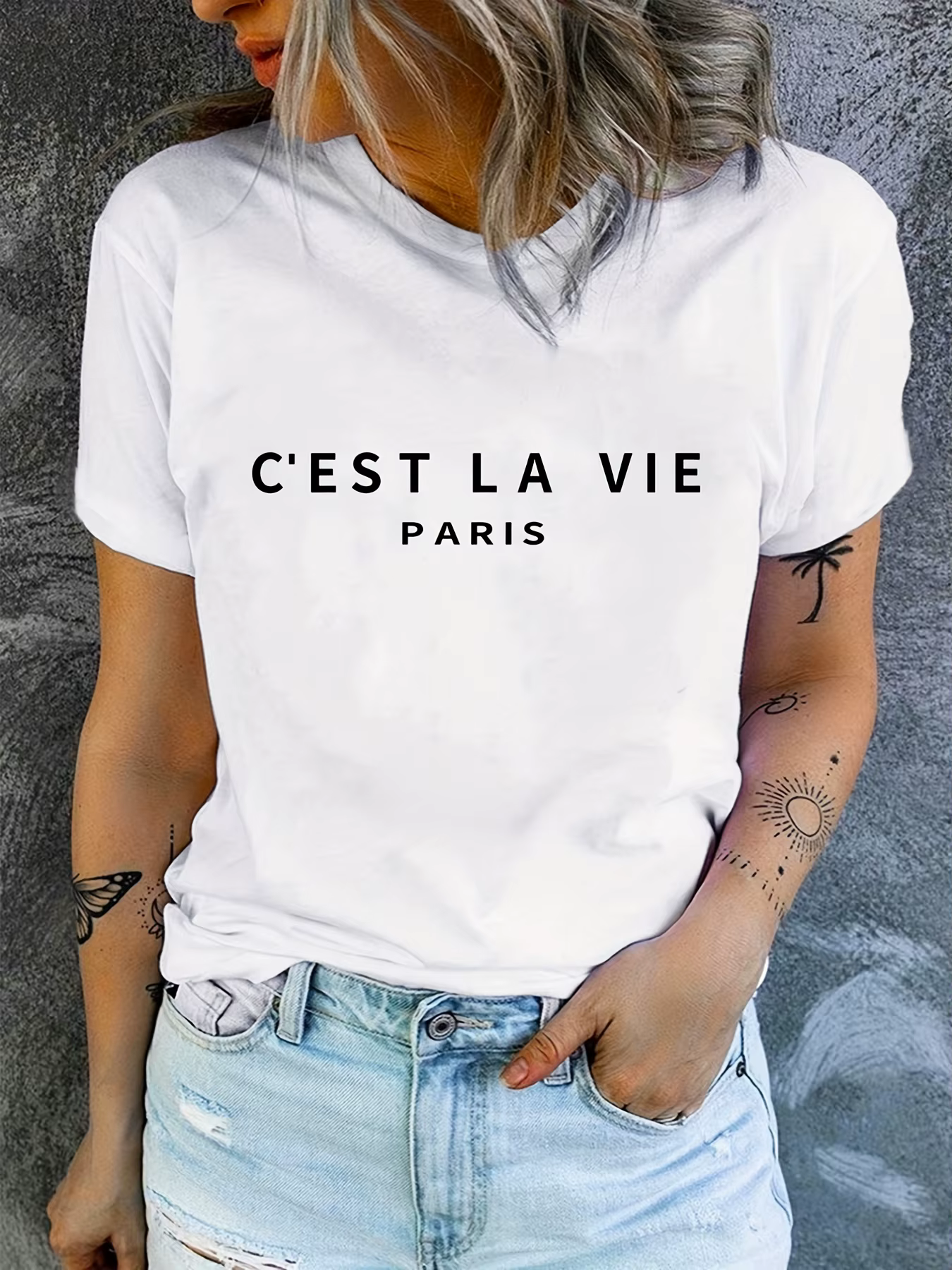 T-shirt à col rond imprimé Paris, T-shirt décontracté à manches courtes pour le printemps et l'été, 