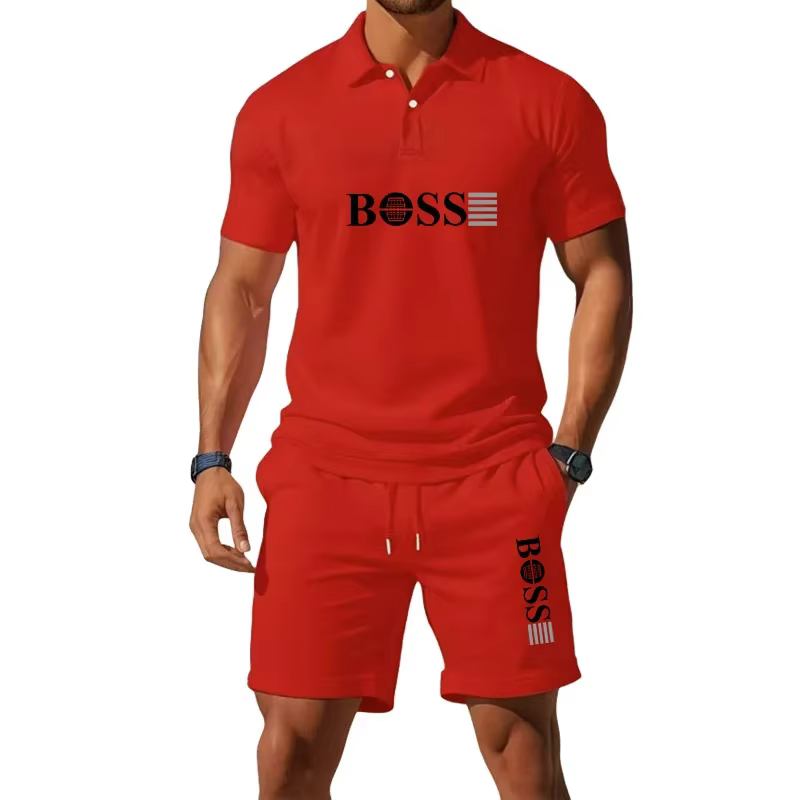 Ensemble T-shirt et short décontracté pour homme - Coupe ajustée, style rétro avec col à motif monét