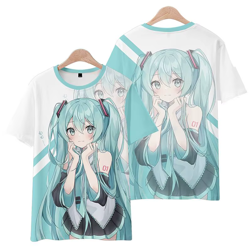 T-shirt à col rond avec impression de personnage d'anime Hatsune Miku, confortable et décontracté, n