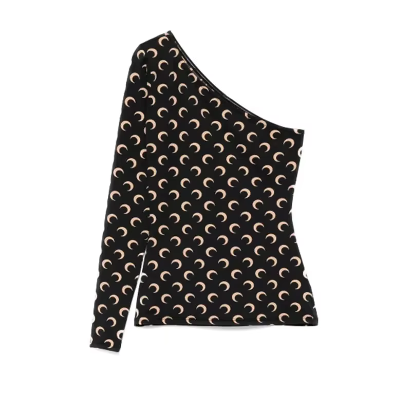 T-shirt coréen ajusté à imprimé lune pour femme, manches longues, style décontracté urbain, en tissu