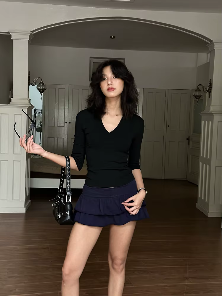 Yedinas col en v Streetwear noir T-shirt femmes vêtements demi manches mode coréenne mince été hauts