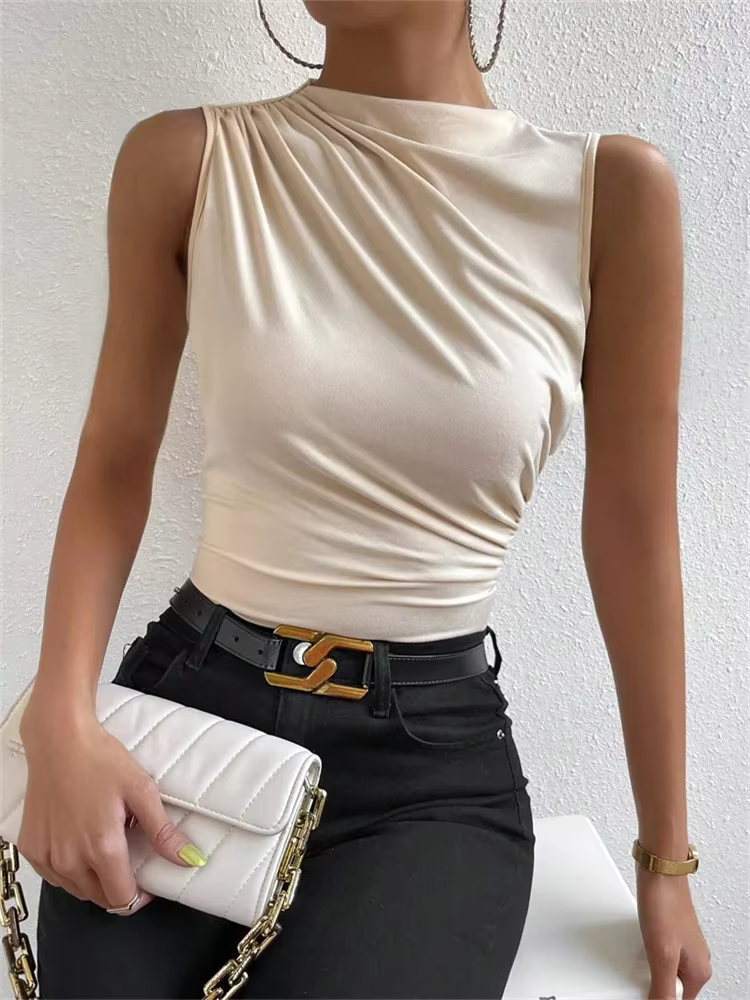 Débardeur froncé à col montant pour femmes, décontracté, à la mode, couleur unie, plissé, sans manch