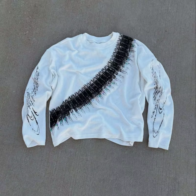 2025 Nouveau y2k Bullet Lettre Imprimé Américain Rétro Manches Longues T-shirt Street Style Casual L