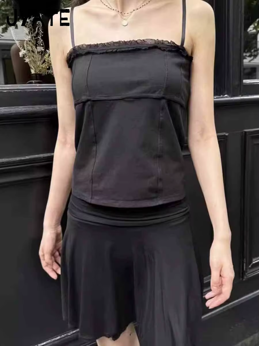 Camisole à lacets en maille transparente blanche pour femmes, garniture en dentelle, nœud patchwork,