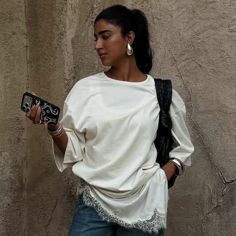 T-shirt en dentelle oversize HXAO pour femme, collection Printemps-Été 2026, style Y2K, blanc cassé,