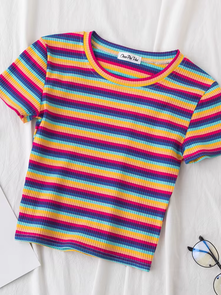 T-shirt à rayures arc-en-ciel pour femmes, haut à manches courtes, vêtement estival et slim, marque 