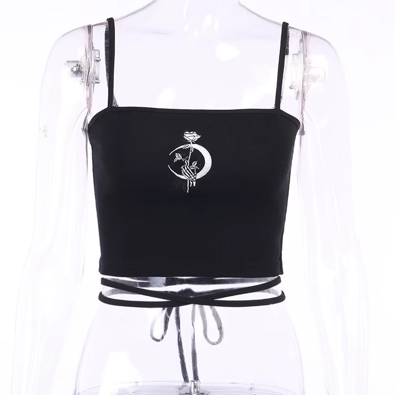 Haut court gothique imprimé à bretelles, sans manches, col carré, Slim, Sexy, col licou, chemise à b