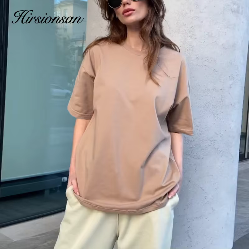 Hirsionsan-T-shirt à manches courtes pour femme, streetwear simple et doux, en coton, couleur unie,
