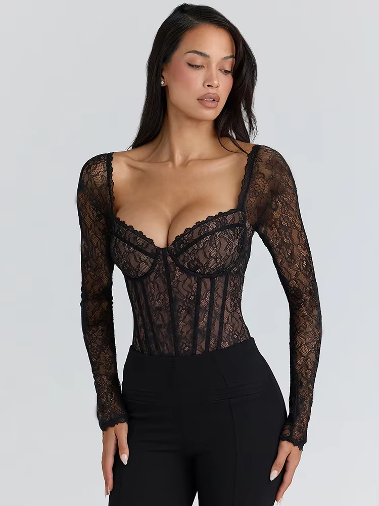 Body en dentelle à manches longues, dos nu, Sexy, haut pour femme, col carré noir, slim, T-shirt, bo