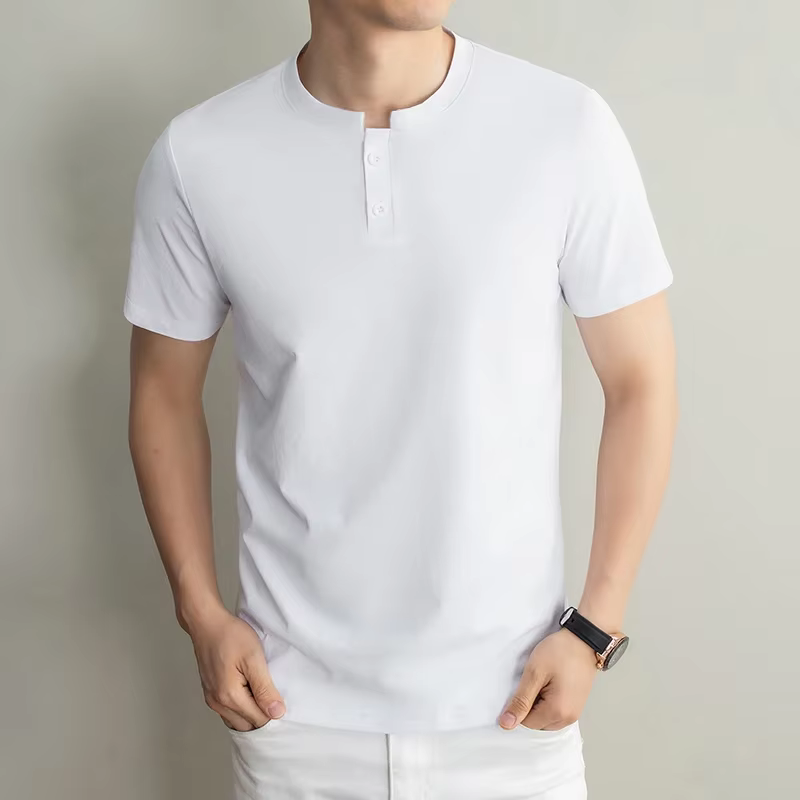 T-shirt Henley uni à manches courtes pour homme, en maille solide, coupe ajustée, respirant, col en 