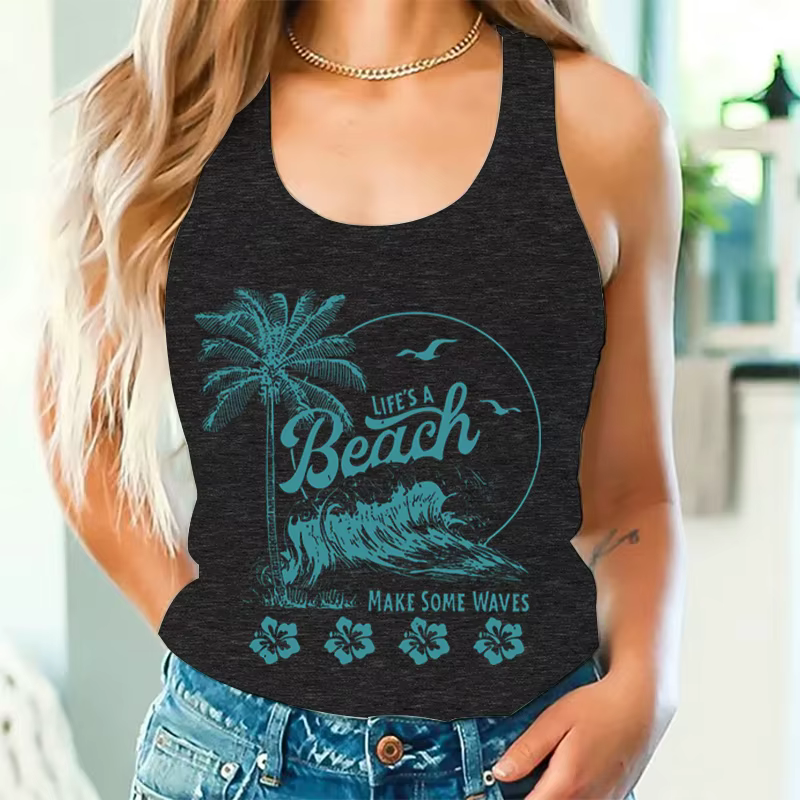 T-shirt décontracté sans manches pour femme « Life's A Beach Make Some Waves », débardeur vintage po