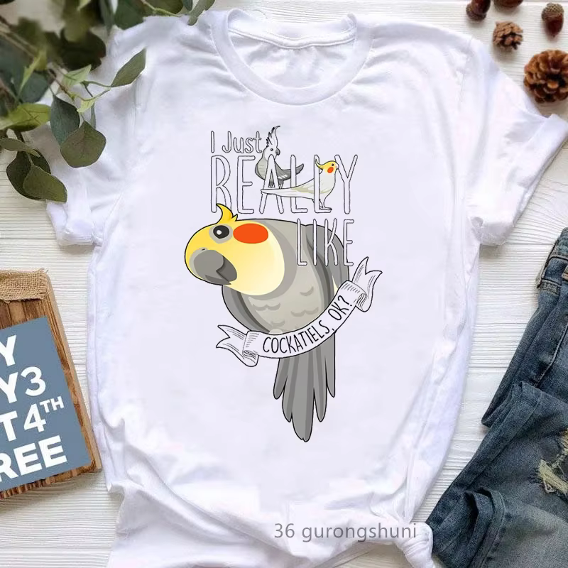 T-shirt imprimé graphique pour femme, joli t-shirt perroquet, blanc, manches courtes, j'aime vraimen